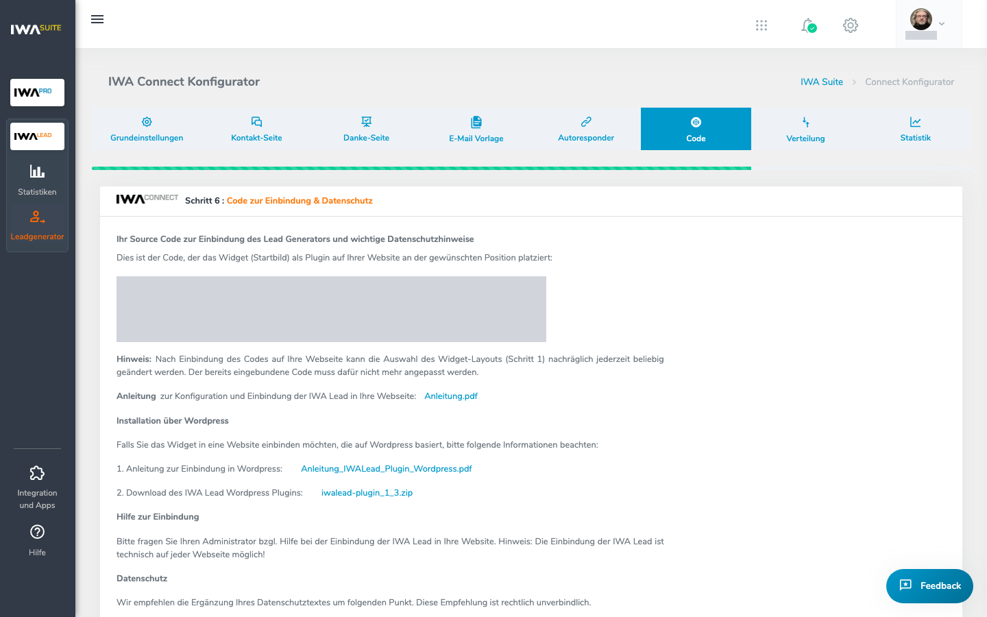 Code zur Einbindung des Lead-Widgets