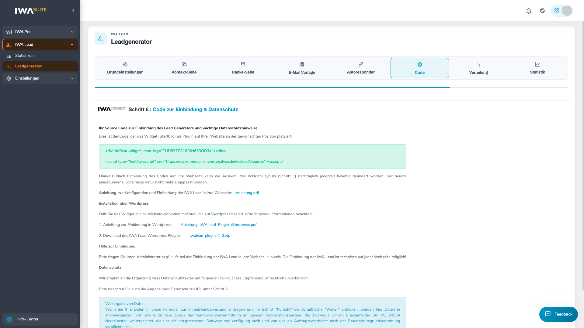 Code zur Einbindung des Lead-Widgets