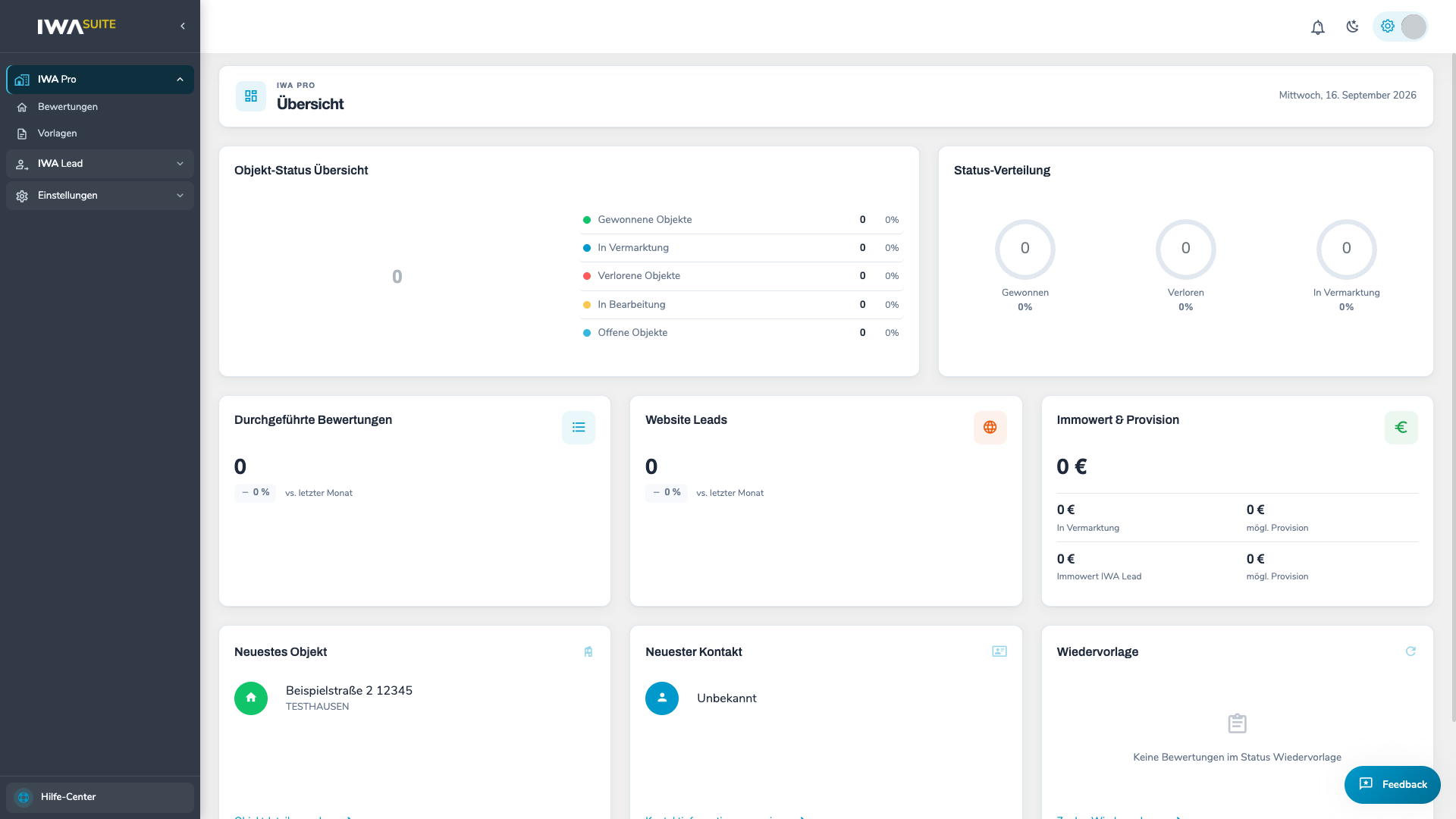 Das IWA Pro Dashboard mit Status-Übersicht und Kennzahlen