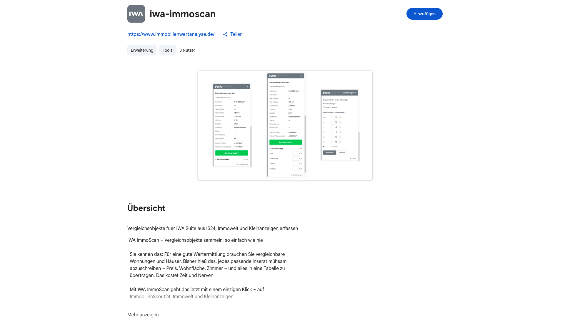 Die Seite von IWA Immoscan im Chrome Web Store mit der Schaltfläche „Hinzufügen"