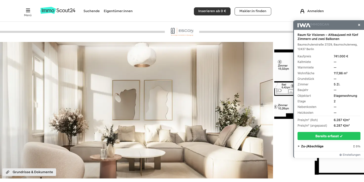Eine ImmobilienScout24-Detailseite mit dem eingeblendeten IWA-Immoscan-Vorschau-Panel rechts oben