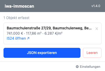 Das Toolbar-Popup mit einem erfassten Objekt und den Schaltflächen „JSON exportieren" und „Leeren"